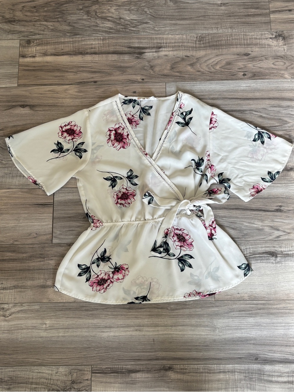 Pink Rose Cream Floral Wrap Blouse with Pink Flowers